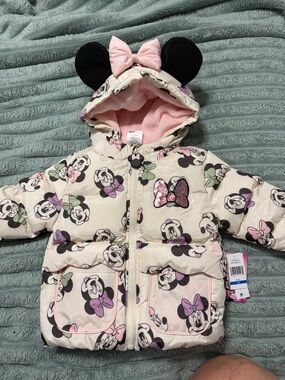Disney Minnie Mouse Cream Pink Purple Puffer Jacket with Hood and Ears